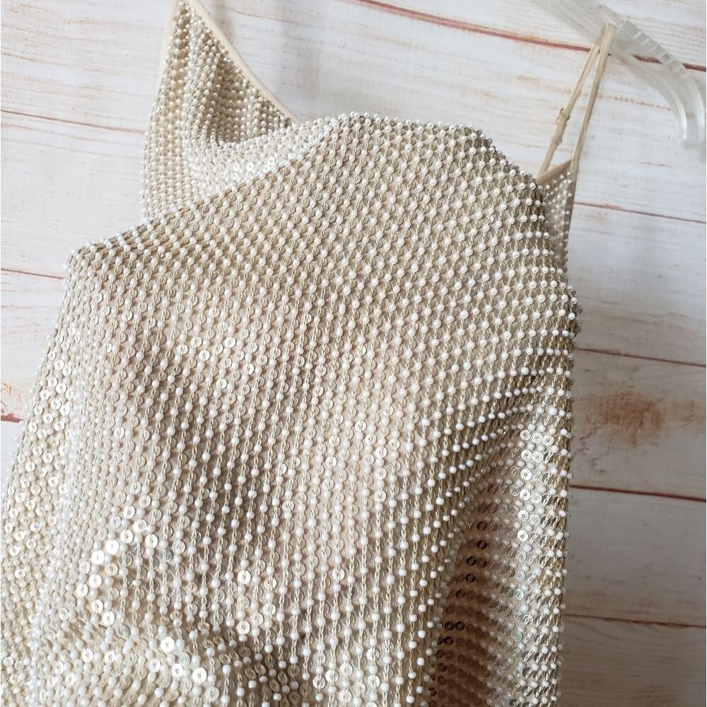 MLV Sequin/Pearl Embellished Camisole Top in Natural/Tan - Picture 3 of 12